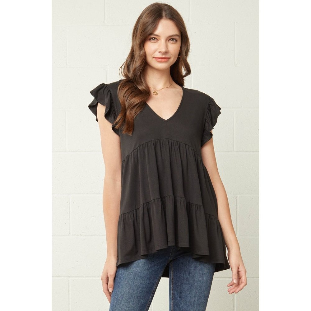 Entro Tiered Ruffle Babydoll Top, Black